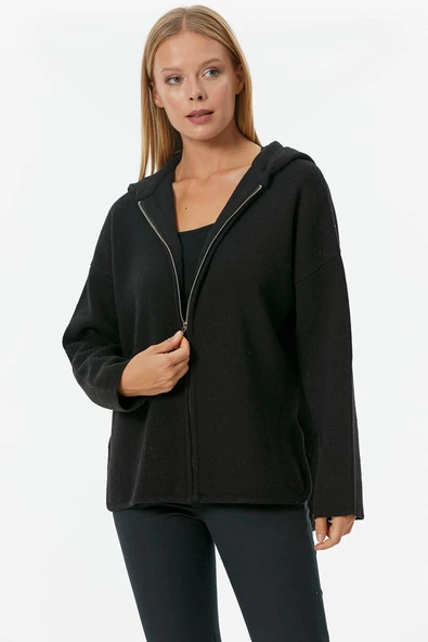 Çelik Örgü Fermuarlı Kapüşonlu Triko Ceket - Siyah - Resim 3