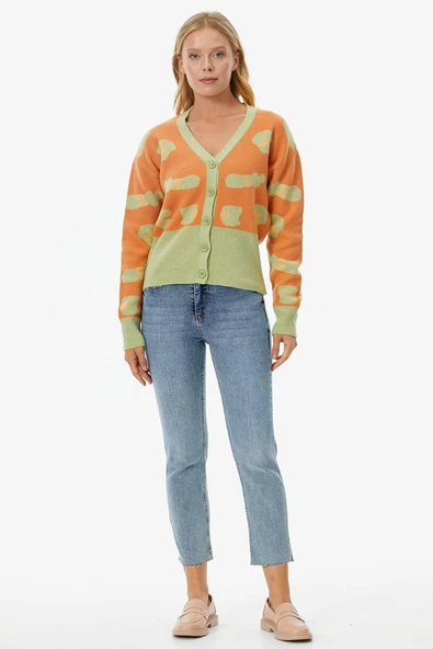 Renkli Desenli Düğmeli Triko Hırka - Yeşil - Resim 2