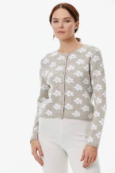 Sıfır Yaka Düğmeli Çiçek Desenli Triko Hırka - Vizon - Resim 3