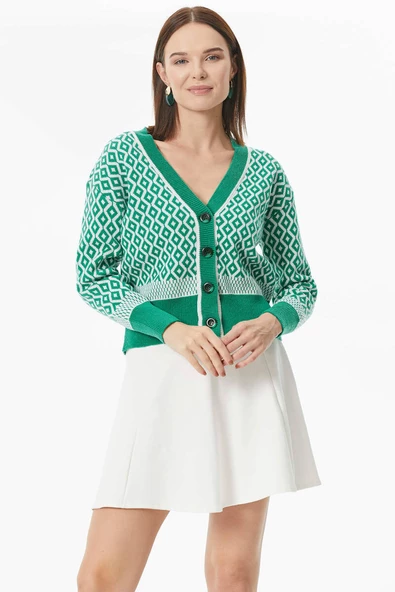 Düğmeli Geometrik Desenli Triko Hırka - Yeşil - Resim 4