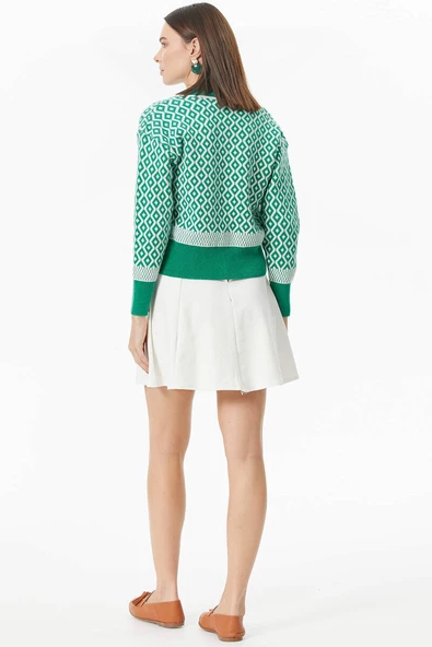 Düğmeli Geometrik Desenli Triko Hırka - Yeşil - Resim 5