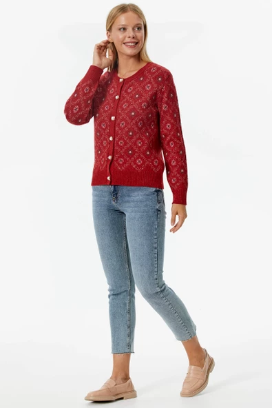 İnci Düğmeli Çiçek Desenli Triko Hırka - Kırmızı - Resim 4