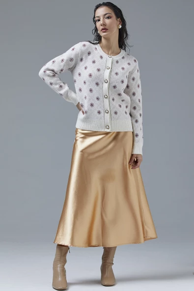 İnci Düğmeli Çiçek Desenli Triko Hırka - Kemik - Resim 2