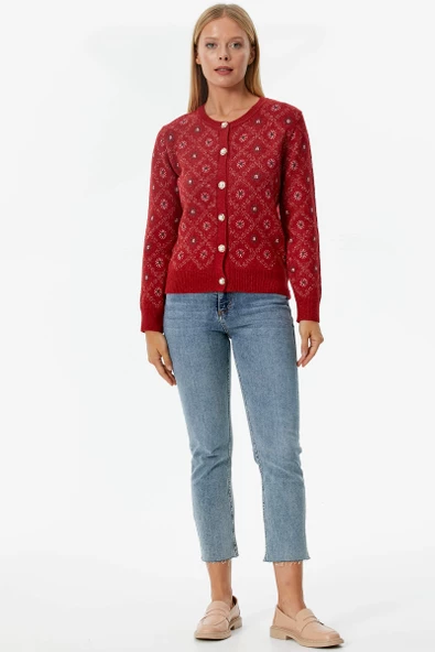 İnci Düğmeli Çiçek Desenli Triko Hırka - Kırmızı - Resim 2