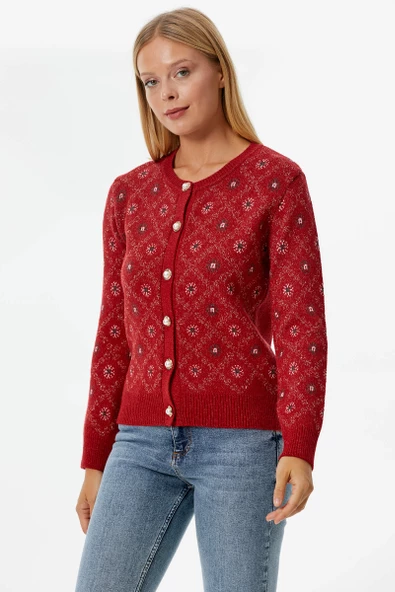 İnci Düğmeli Çiçek Desenli Triko Hırka - Kırmızı - Resim 3