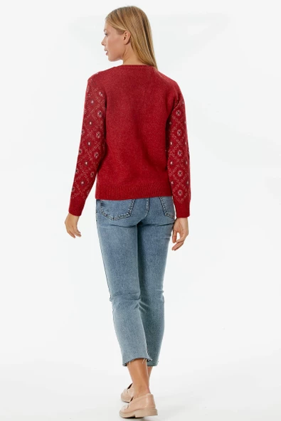 İnci Düğmeli Çiçek Desenli Triko Hırka - Kırmızı - Resim 5