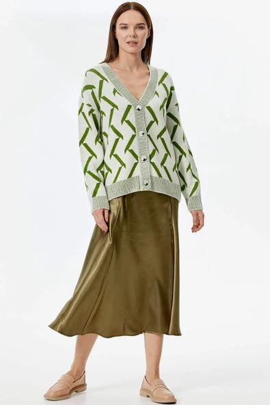 Geometrik Desenli Triko Hırka - Kemik - Yeşil - Resim 3