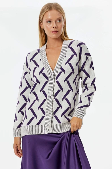 Geometrik Desenli Triko Hırka - Kemik- Mor - Resim 2