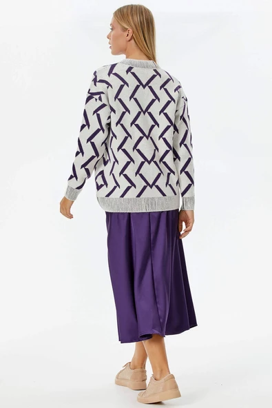 Geometrik Desenli Triko Hırka - Kemik- Mor - Resim 5