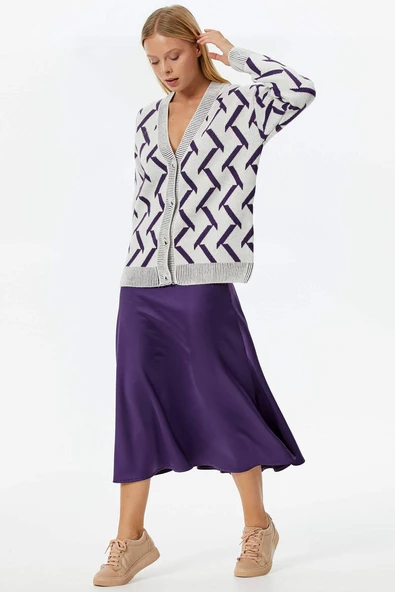 Geometrik Desenli Triko Hırka - Kemik- Mor - Resim 4