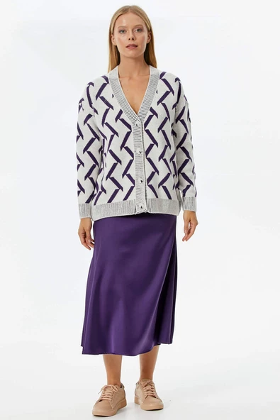 Geometrik Desenli Triko Hırka - Kemik- Mor ürün görseli