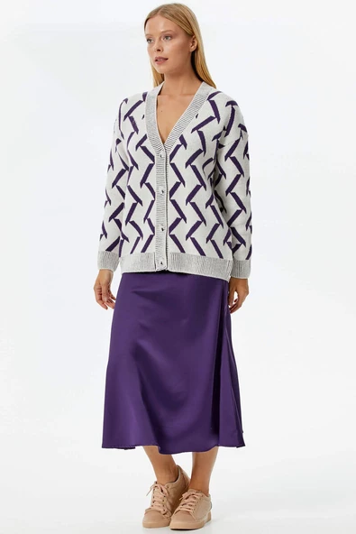 Geometrik Desenli Triko Hırka - Kemik- Mor - Resim 3