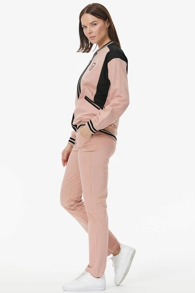 Metal Fermuarlı Blok Renk Eşofman Takım - Pudra - Resim 5