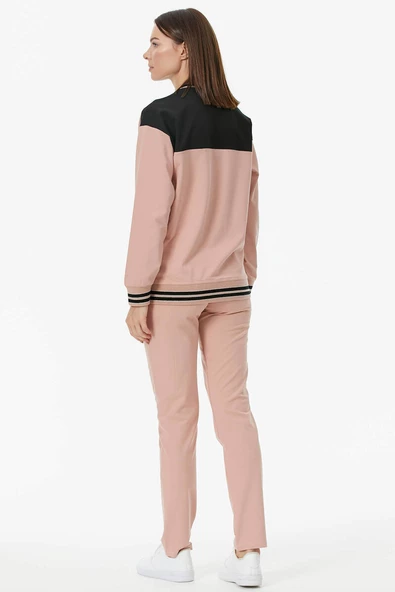 Metal Fermuarlı Blok Renk Eşofman Takım - Pudra - Resim 6