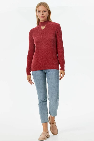 Damla Yaka İnci Detaylı Triko Kazak - Kırmızı - Resim 2