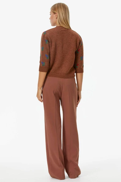 Çiçek Motifli Crop Triko Takım - Taba - Resim 5