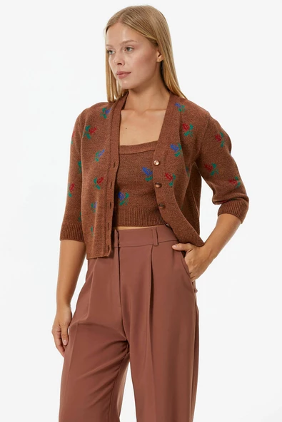 Çiçek Motifli Crop Triko Takım - Taba - Resim 2