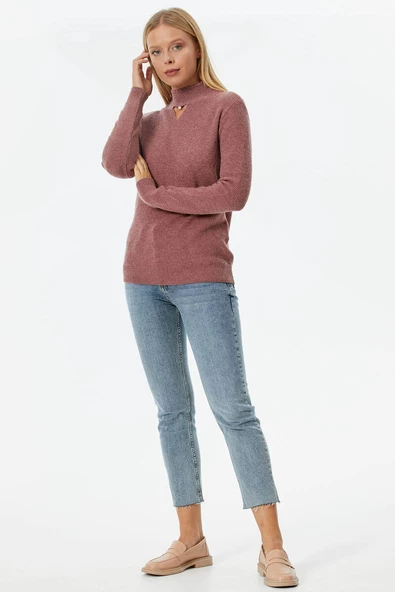 Damla Yaka İnci Detaylı Triko Kazak - Gül - Resim 2