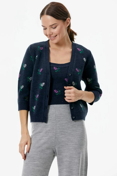 Çiçek Motifli Crop Triko Takım - Lacivert