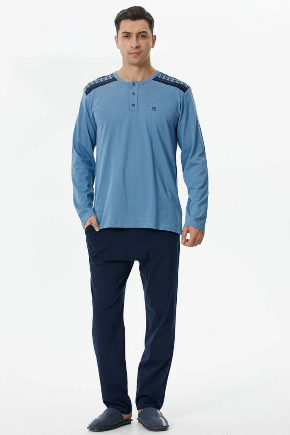 Örme Detaylı Pijama Takım - Mavi
