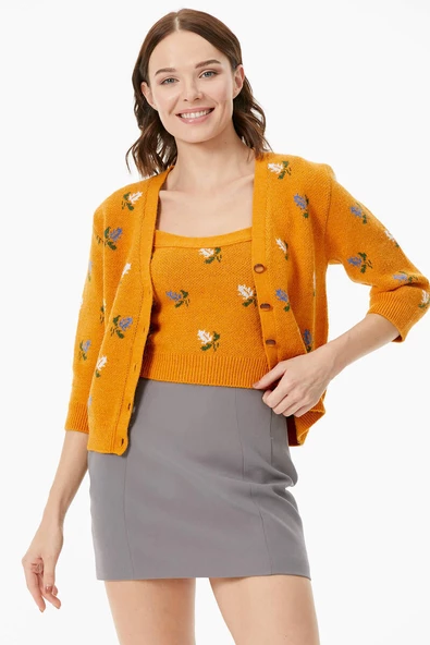 Çiçek Motifli Crop Triko Takım - Güneş