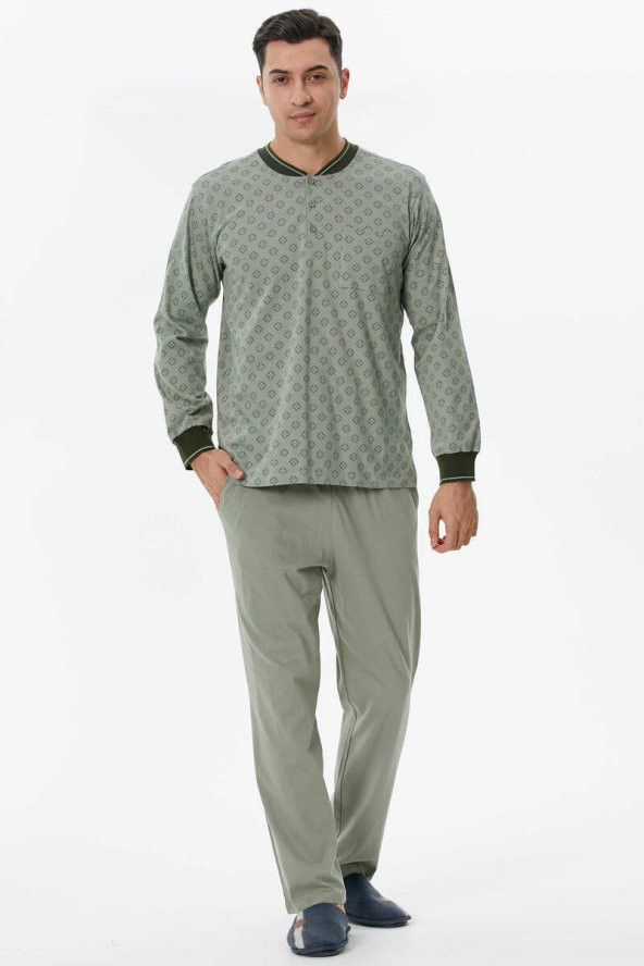 Örme Detaylı Desenli Pijama Takım - Yeşil