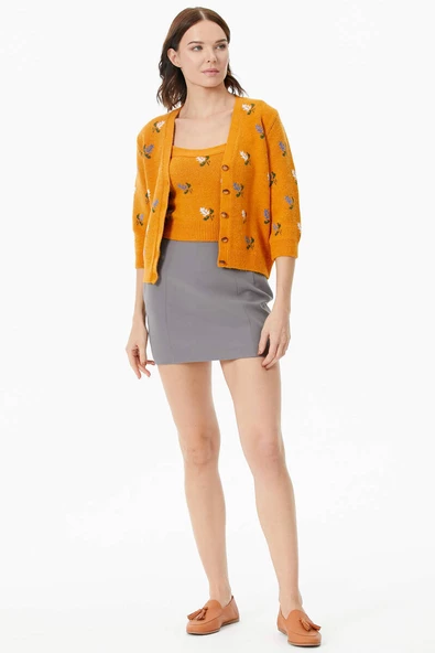 Çiçek Motifli Crop Triko Takım - Güneş - Resim 3