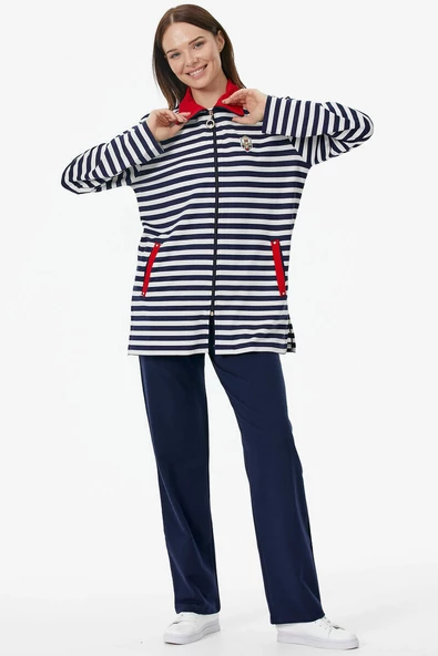 Çizgili Marine Eşofman Takım - Lacivert - Resim 2