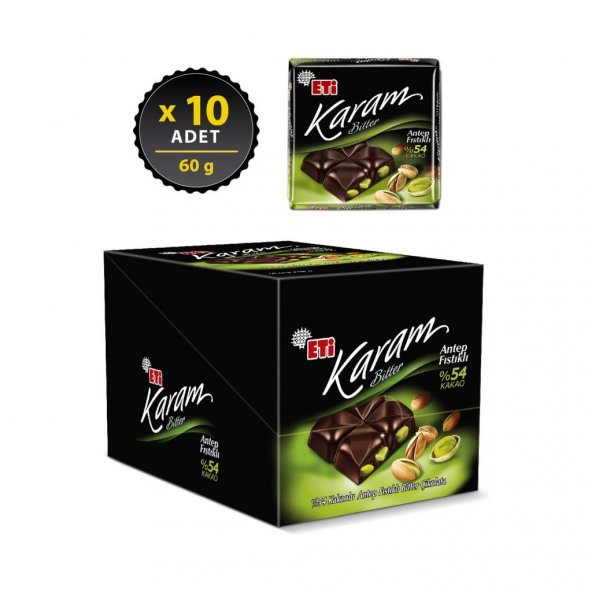 Eti Karam Antep Fıstıklı Kakaolu Bitter Çikolata 60 g x 10 Adet - 2