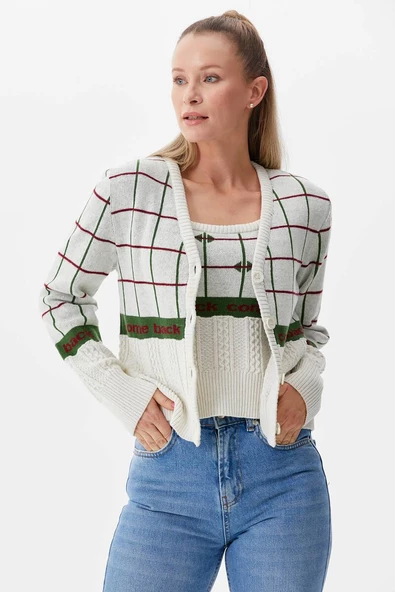 Kare Desenli Triko İkili Hırka Takım - Beyaz - Resim 3