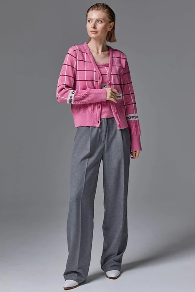 Kare Desenli Triko İkili Hırka Takım - Pembe - Resim 4