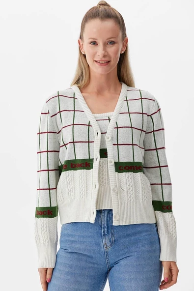 Kare Desenli Triko İkili Hırka Takım - Beyaz - Resim 2