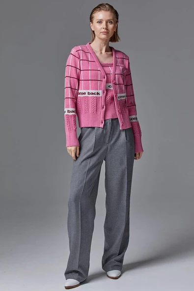 Kare Desenli Triko İkili Hırka Takım - Pembe - Resim 3