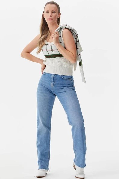 Kare Desenli Triko İkili Hırka Takım - Beyaz - Resim 5