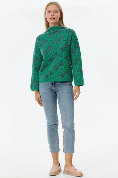 Dik Yaka Sim Detaylı Desenli Triko Kazak - Yeşil - Resim 2