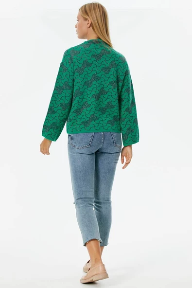 Dik Yaka Sim Detaylı Desenli Triko Kazak - Yeşil - Resim 4