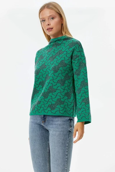 Dik Yaka Sim Detaylı Desenli Triko Kazak - Yeşil - Resim 3