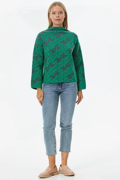 Dik Yaka Sim Detaylı Desenli Triko Kazak - Yeşil ürün görseli
