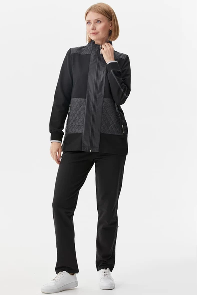 Kapitone Kombinli Dik Yaka Eşofman Takım - Siyah - Resim 3