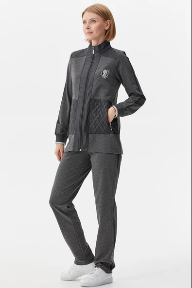 Kapitone Kombinli Dik Yaka Eşofman Takım - Antrasit - Resim 5