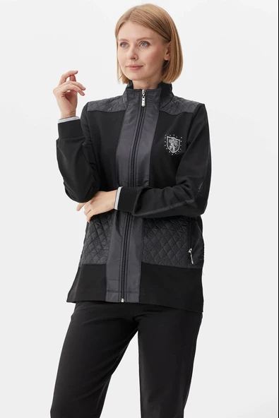 Kapitone Kombinli Dik Yaka Eşofman Takım - Siyah - Resim 4