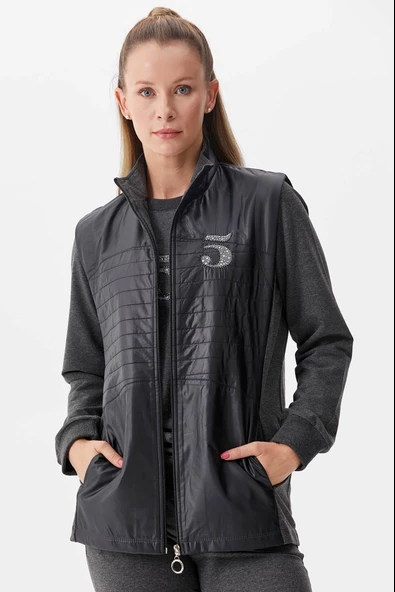 Kapitone Yelekli Üçlü Eşofman Takım - Antrasit - Resim 4