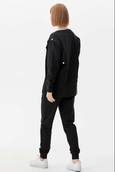 Sıfır Yaka ÇıtÇıt Detaylı Eşofman Takım - Siyah - Resim 7