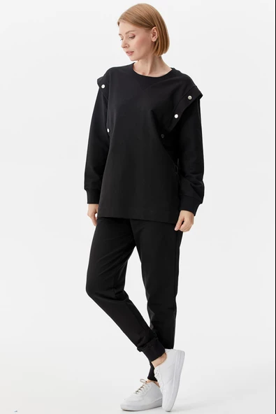 Sıfır Yaka ÇıtÇıt Detaylı Eşofman Takım - Siyah - Resim 6