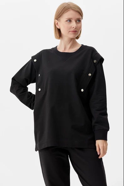 Sıfır Yaka ÇıtÇıt Detaylı Eşofman Takım - Siyah - Resim 4