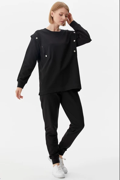 Sıfır Yaka ÇıtÇıt Detaylı Eşofman Takım - Siyah - Resim 2