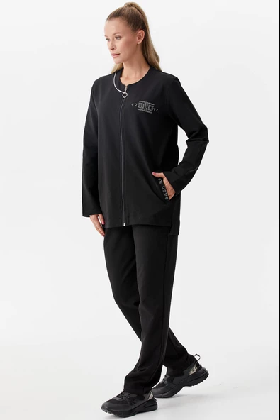 Büyük Beden Taş Detaylı Eşofman Takım - Siyah - Resim 5