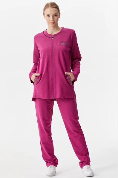 Büyük Beden Taş Detaylı Eşofman Takım - Fuşya - Resim 3