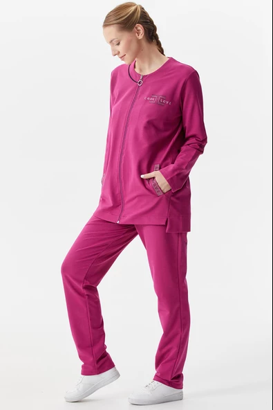 Büyük Beden Taş Detaylı Eşofman Takım - Fuşya - Resim 5