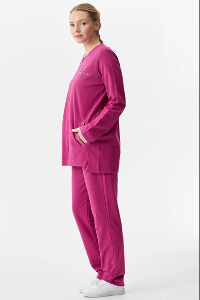 Büyük Beden Taş Detaylı Eşofman Takım - Fuşya - Resim 4